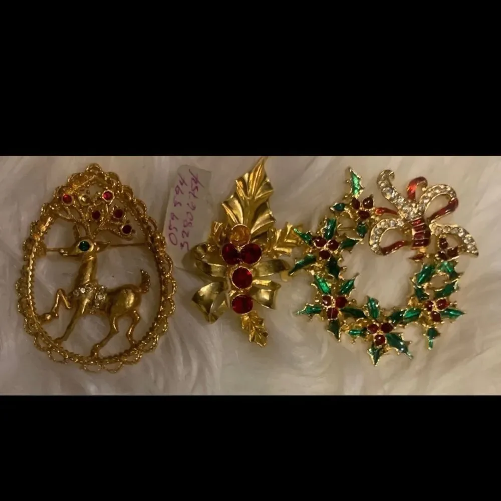 3 Vintage Haskell Jewels Christmas  Rhinestone Gold Tone Brooches. $35 ea